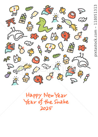 New Year's card with snake and New Year's lucky charms 2025 hand-drawn New Year's card with snake and New Year's lucky charms 2025 hand-drawn 118051313