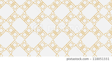 White and gold luxury line art ornamental seamless pattern. Grid geometric oriental design. Art deco abstract background.  118051331