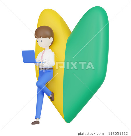 3DCG｜年輕上班族，筆記型電腦靠在初學者的標記上 118051512