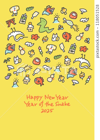 New Year's card with a snake and many lucky New Year's charms, Reiwa 7, 2025 New Year's card with a snake and many lucky New Year's charms, Reiwa 7, 2025 118051528