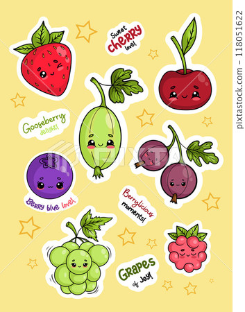 Cute fruit and berries stickers. Funny cartoon kawaii characters and cool slogans. Red strawberry, gooseberry, cherry, blueberry, bunch of grapes and raspberry. Isolated Vector drawing illustrations 118051622