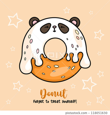 Funny sweet donut in shape of panda bear with drops of white icing. Cute card with delicious pastries cartoon kawaii character food. Vector illustration. Kids collection Funny sweet donut in shape of panda bear with drops of white icing. Cute card with delicious pastries cartoon kawaii character food. Vector illustration. Kids collection 118051630