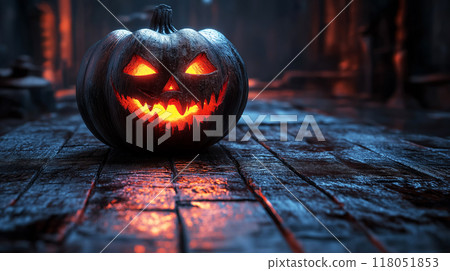 A glowing jack-o-lantern sits on a dark, wet wooden floor, casting an eerie light, perfect for a spooky Halloween night 118051853