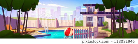 Back yard of modern mansion with swimming pool 118051946