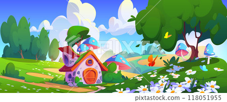 Cute tiny elf house with mushrooms in forest Cute tiny elf house with mushrooms in forest 118051955