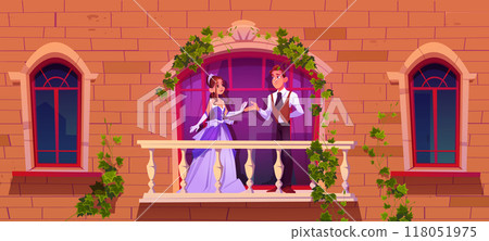 Princess and prince on balcony of medieval castle 118051975