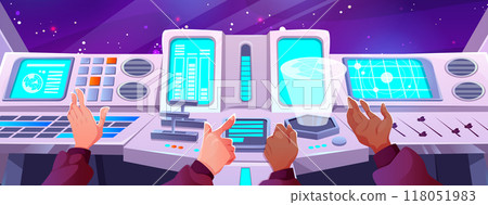 Spaceship cockpit with hands on control panel. Spaceship cockpit with hands on control panel. 118051983