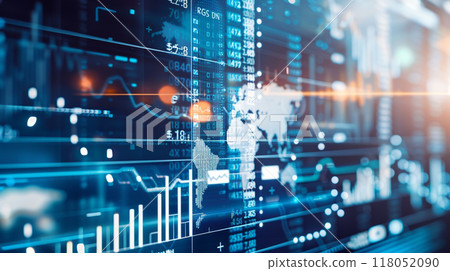 A computer screen shows a graph of stock prices and a world map 118052090