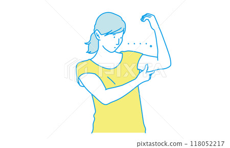 A simple illustration of a woman with a complex about her upper arms A simple illustration of a woman with a complex about her upper arms 118052217