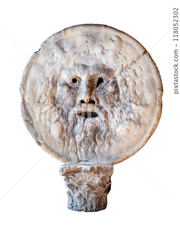 The Mouth of Truth sculpture, a marble carving of a face with a gaping mouth, located in the Santa Maria in Cosmedin church in Rome. Isolated on white background. 118052302