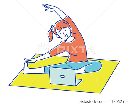 Young woman stretching while watching a video 118052524