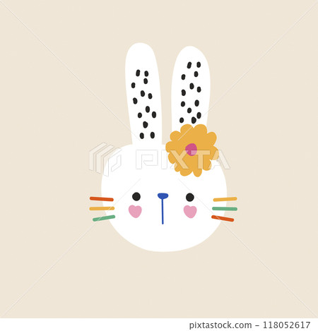 Cute cartoon bunny face with flower. Children s print for nursery, children s clothing, poster, postcard. Vector illustration Cute cartoon bunny face with flower. Children s print for nursery, children s clothing, poster, postcard. Vector illustration 118052617