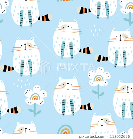 Cartoon seamless pattern with funny cats and flowers. Childish blue texture for fabric, textile, apparel, wallpaper. Vector illustration 118052636