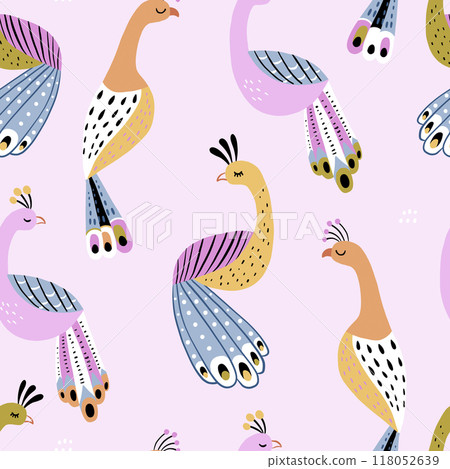 Seamless pattern with hand drawn cartoon peacock birds. Creative girlish vector texture for fabric, textile, wallpaper. 118052639