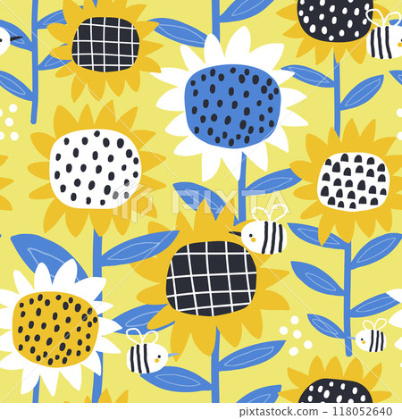 Seamless floral pattern with cartoon sunflowers and bee. Blooming texture for fabric, apparel, textile, digital papers. Vector background 118052640