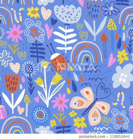 Seamless hight detailed botanical pattern with rainbows, bugs, butterfly, flowers, leaves. Floral artistic texture for fabric, textile, digital papers. Vector illustration Seamless hight detailed botanical pattern with rainbows, bugs, butterfly, flowers, leaves. Floral artistic texture for fabric, textile, digital papers. Vector illustration 118052641