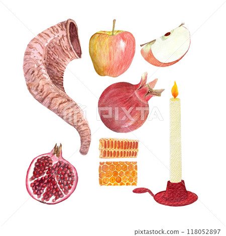 Shofar, apple, pomegranate, honeycomb, candle hand painted watercolor set isolated on white. High quality elements perfect for Rosh Hashanah, Yom Kippur cards, decor, prints. Jewish tradition clip art Shofar, apple, pomegranate, honeycomb, candle hand painted watercolor set isolated on white. High quality elements perfect for Rosh Hashanah, Yom Kippur cards, decor, prints. Jewish tradition clip art 118052897