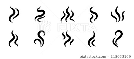 Smoke steam icon vector logo set. Smoke smell, steam aroma heat icon illustration. Hot vapor fire doodle line logo. Hit stink, coffee, fragrance flame elements. Vector Smoke steam icon vector logo set. Smoke smell, steam aroma heat icon illustration. Hot vapor fire doodle line logo. Hit stink, coffee, fragrance flame elements. Vector 118053169