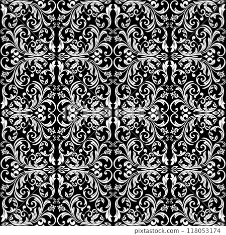 Floral pattern. Vintage wallpaper in the Baroque style. Seamless vector background. White and black ornament for fabric, wallpaper, packaging. Ornate Damask flower ornament. 118053174