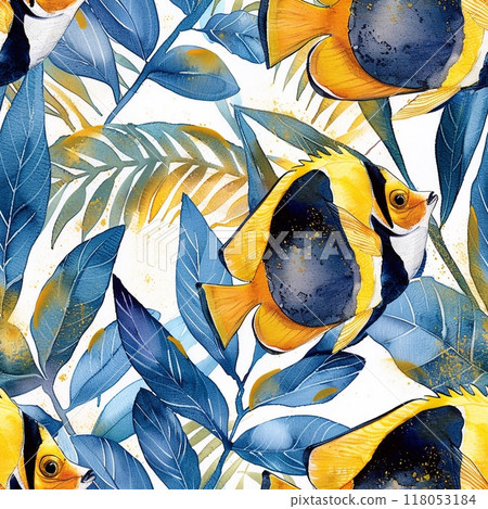 Pattern with fish Moorish idol watercolor. Pattern with fish Moorish idol watercolor. 118053184