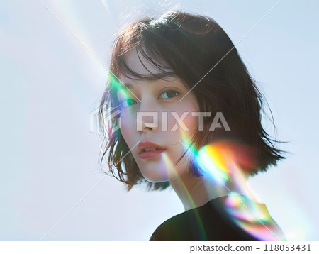 Beautiful Asian woman wearing light Beautiful Asian woman wearing light 118053431