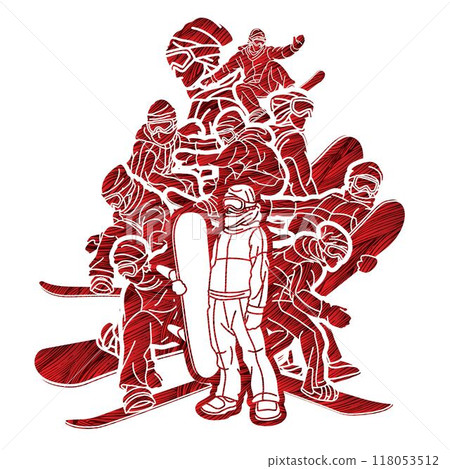 Snowboard Players Mix Action Group of Snowboarder Cartoon Extreme Sport Graphic Vector 118053512