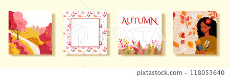 Set of square posters with autumn cards. Dear hills houses. Black woman with flowers. Invitation, sale, or magazine and book cover. Hamd drawn vectoor 118053640
