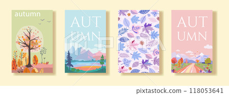 A set of four vertical vector posters featuring various autumn-themed designs. The posters include illustrations of landscapes, foliage, and typography, all in a soft, pastel color palette. Ideal for 118053641