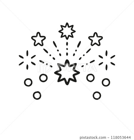 Simple black and white illustration of fireworks with starburst patterns. Perfect for celebration-themed designs, especially for New Years, Independence Day, and festive occasions. 118053644