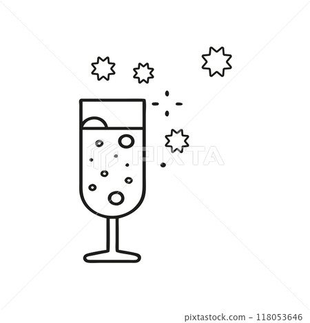 Black and white minimalist illustration of a champagne glass with festive sparkles. Ideal for New Years, celebrations, and party-themed designs, highlighting elegance and festivity Black and white minimalist illustration of a champagne glass with festive sparkles. Ideal for New Years, celebrations, and party-themed designs, highlighting elegance and festivity 118053646