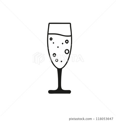 Black and white minimalist illustration of a champagne glass with bubbles. Ideal for celebration and party-themed designs, especially for New Years and festive occasions. Black and white minimalist illustration of a champagne glass with bubbles. Ideal for celebration and party-themed designs, especially for New Years and festive occasions. 118053647