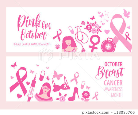 Breast cancer awareness pink ribbon. Banner template design set. October is Breast Cancer Awareness Month. 118053706