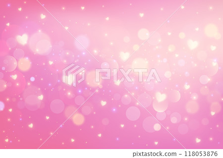Pink background with bokeh and hearts. Cute pastel gradient girly blurred backdrop for Valentine Day card design. Lovely dreamy vector wallpaper with soft fairy light. Lilac glittering bg 118053876