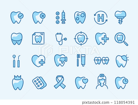 Dental icon set. containing tooth, dentist, toothpaste, toothbrush, teeth, implant and dentistry icons. can be used in children dentist clinic. medical health and dentistry concept. 118054391