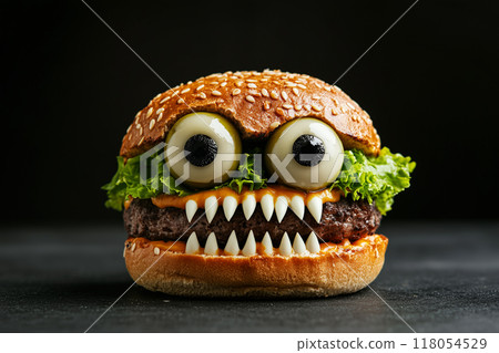 A creative burger designed to look like a monster face, with olives for eyes and cheese for teeth on black background. 118054529