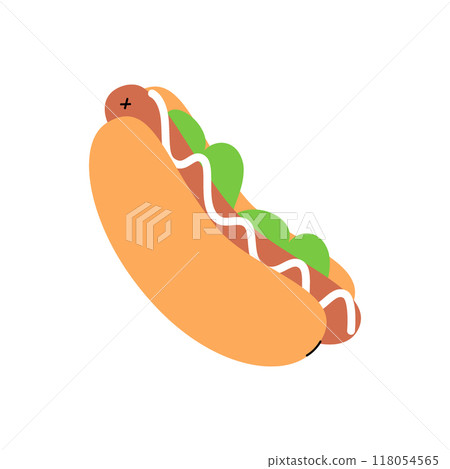 Hot dog. Long buns, sausage, vegetables, sauces. Vector illustration. Hot dog. Long buns, sausage, vegetables, sauces. Vector illustration. 118054565
