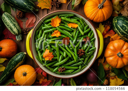 Green bean casserole topped with crispy onions in ceramic dish for Thanksgiving Day side dishes Green bean casserole topped with crispy onions in ceramic dish for Thanksgiving Day side dishes 118054566