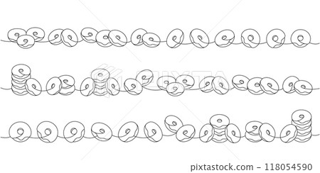 Set of take away donuts. Delicious donuts one line continuous drawing. Bakery sweet pastry food. Vector linear illustration. Set of take away donuts. Delicious donuts one line continuous drawing. Bakery sweet pastry food. Vector linear illustration. 118054590