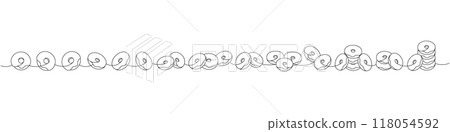 Set of donuts. Delicious donuts one line continuous drawing. Bakery sweet pastry food. Vector linear illustration. 118054592