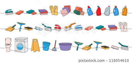 Set of cleaning tools one line. Toilet bowl, washing machine, floor mop, bucket, plunger, scoop, sponges, washcloths, brushes, cleaners, towels, rags 118054610