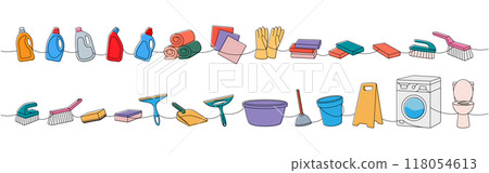 Cleaning tools one line. Toilet bowl, washing machine, floor mop, bucket, plunger, scoop, sponges, washcloths, brushes, cleaners, towels, rags, gloves Cleaning tools one line. Toilet bowl, washing machine, floor mop, bucket, plunger, scoop, sponges, washcloths, brushes, cleaners, towels, rags, gloves 118054613
