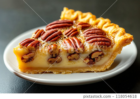 Closeup of slice of pecan pie with golden crust and rich filling on dark background. Concept of Halloween dessert 118054618