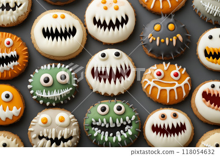 Cute monsters cookies with big eyes and sharp teeth on black background. Concept for parties or Halloween Cute monsters cookies with big eyes and sharp teeth on black background. Concept for parties or Halloween 118054632
