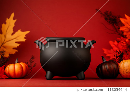 Black ornate cauldron with intricate skull face, handles and feet on red background. 118054644
