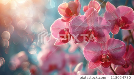 Orchid bunch, floral border against light background. Generative AI 118054780
