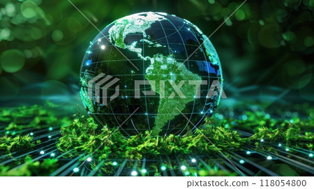 A digital globe highlighting carbon credit markets and green investment. Generative AI 118054800