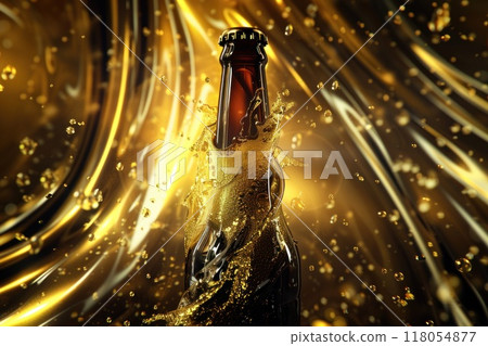 A bottle of beer with A beautiful viscous golden liquid beer swirling. Generative AI 118054877