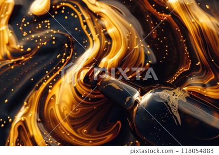 A bottle of beer with A beautiful viscous golden liquid beer swirling. Generative AI A bottle of beer with A beautiful viscous golden liquid beer swirling. Generative AI 118054883