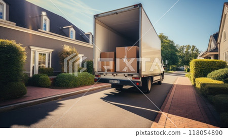 A truck is parked on the side of a street with boxes on the back. Generative AI 118054890
