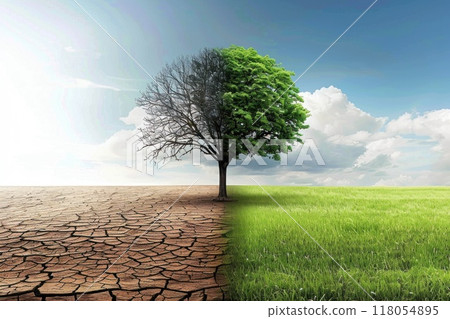 A tree is shown in two different stages, one with a barren, dry landscape. Generative AI A tree is shown in two different stages, one with a barren, dry landscape. Generative AI 118054895